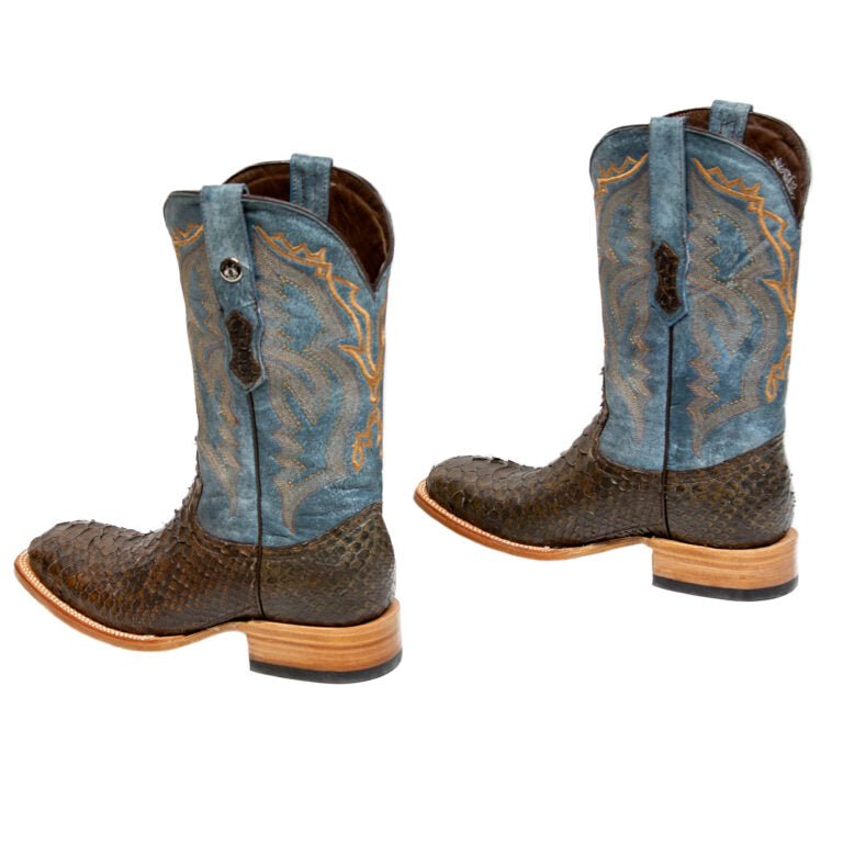 TANNER MARK MEN'S EXOTIC LEATHER Matte Python Brown Western Boots With Montana Blue Top - Rancho Sementalvariable